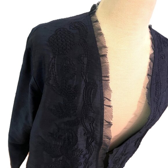Chico's Women's Silk Open Front Blazer Jacket Size 2 12/14 Navy Embroidered - Picture 3 of 8